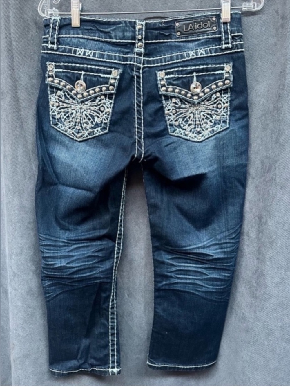 Low rise Thick stitch bling skinny capri jeans Sz 7 Y2K
